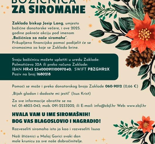 Zaklada biskup Josip Lang pokrenula akciju "Božićnica za siromahe"